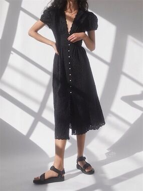 Wilfred Jubilee Puff Sleeve Button Front Midi Dress Black Size 10